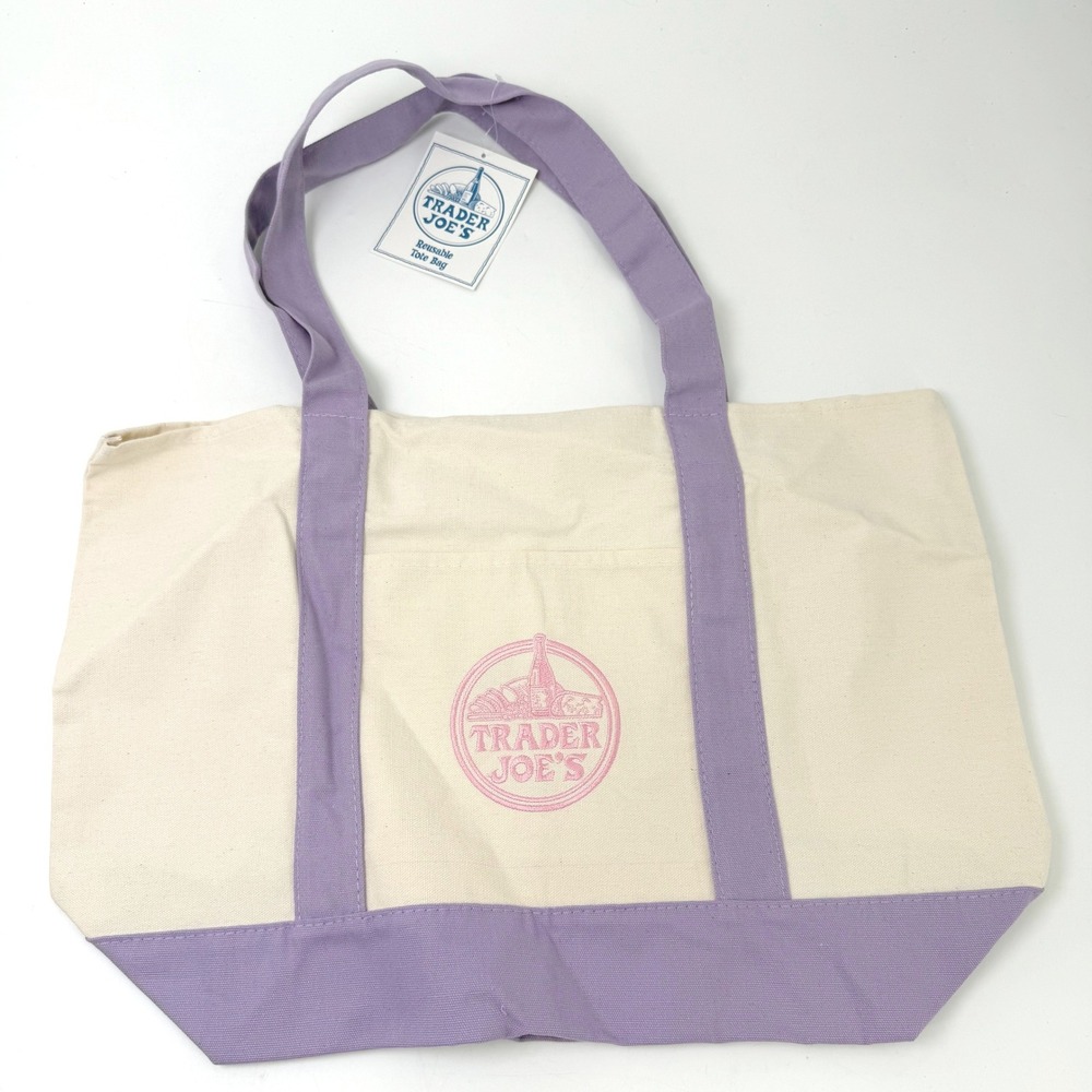 Trader Joes Large NWT Purple Tote Canvas Grocery Beach Book Bag Eco Rare‎ Viral